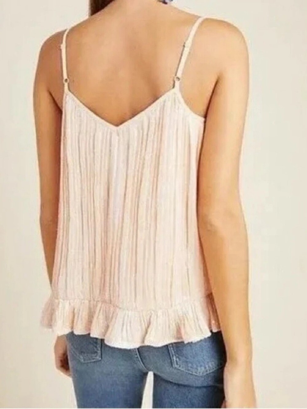 Anthropologie Amelie Sequin Shimmery Blush Pleated Ruffle Spaghetti Cami Top- 10 - Picture 2 of 14